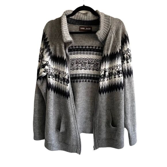 LAMA LUX Peru Wool Zip Front Knit Cardigan Sweater Jacket Gray Black White M/L - Picture 2 of 8